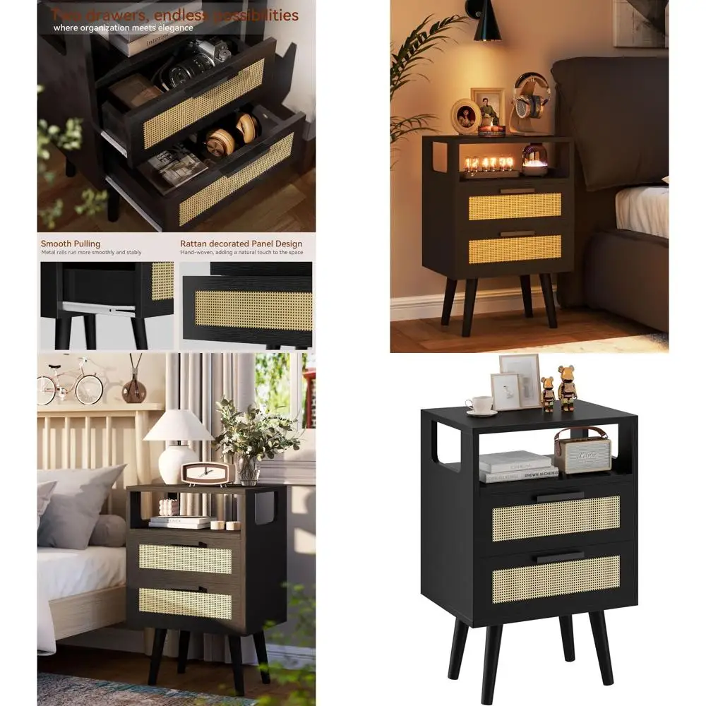 

Прикроватная тумба в богемном стиле из ротанга с 2 ящиками, открытой полкой, арочной формой, из массива дерева, для спальни, черная UHST015