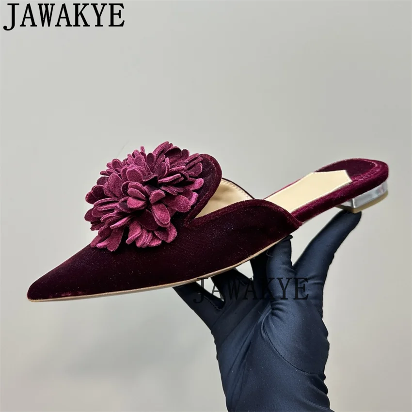 JAWAKYE Classic Tassel Petals Pointy Toe Flat Slippers for Women Velvet Mules Slippers Summer Banquet Holiday Dress Party Shoes