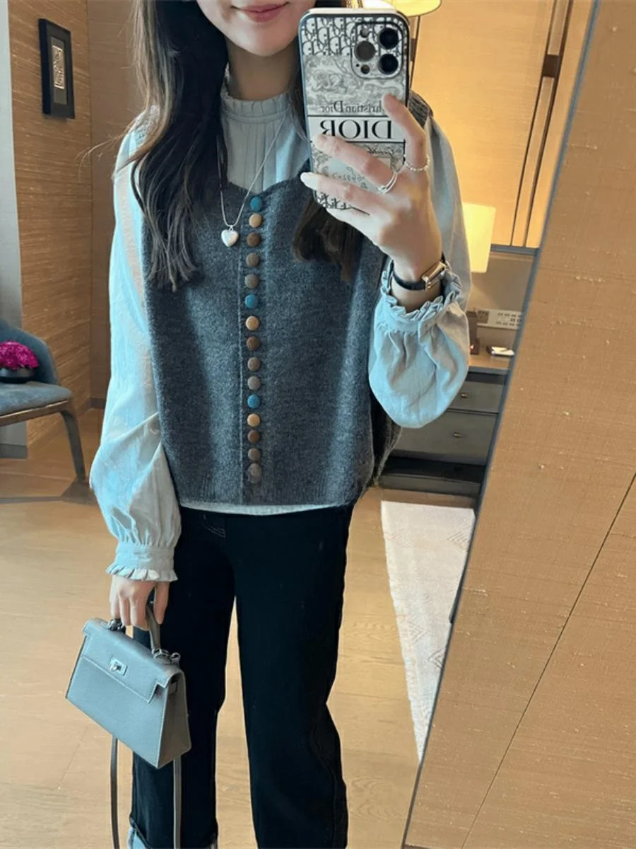 

Ретро-комплект: вязаный жилет и джемпер с длинными рукавами и круглым вырезом для студенток, на пуговицах, для повседневной носки, осенний модный образ