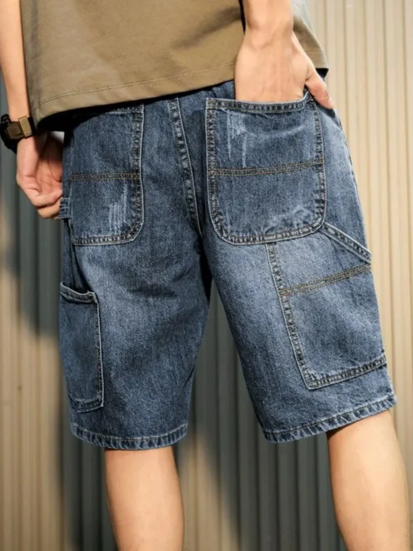 

Men's Denim orts Summer Thin Loose Straight Casual Trendy Brand Hole Punch 5 Sixths Workwear Pants mid Waist Zipper Fly