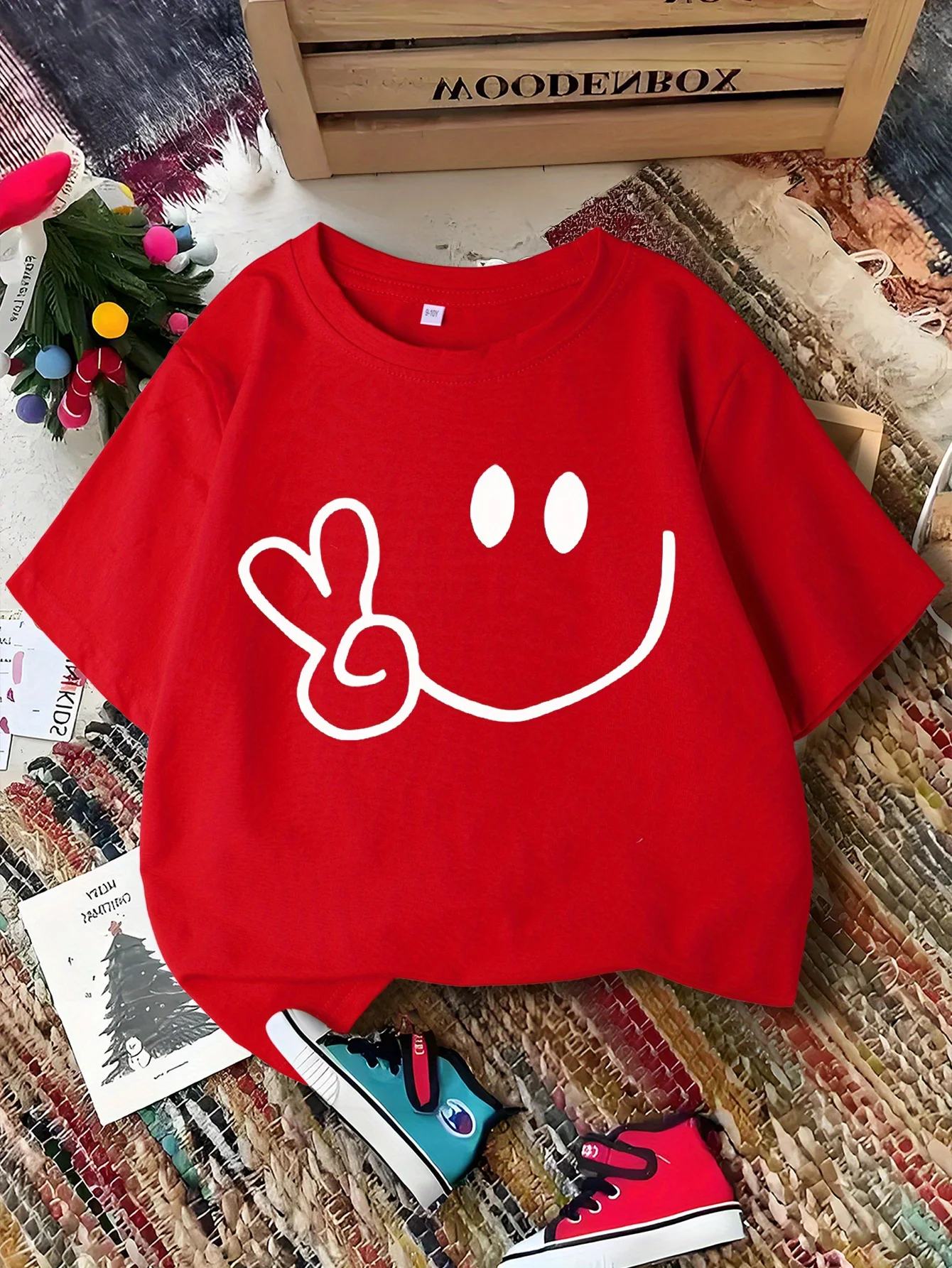 Peace Smiley Gesture Line Print Kids Tee Boys Girls Family Matching Short Sleeve Soft Breathable Parent Child Daily Comfort Tops