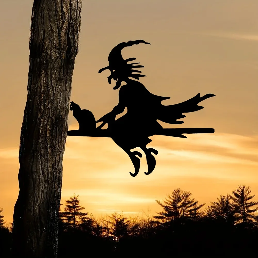 1pc Scary witch and Cat silhouettes on tree branches Metal wall art Home Garden yard patio Outdoor statue post decoration