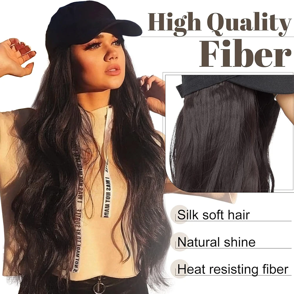 Synthetic Fluffy Wavy Wigs with Hat Baseball Cap Seamless Connection Hair Extensions for Women Adjustable Hat Wig