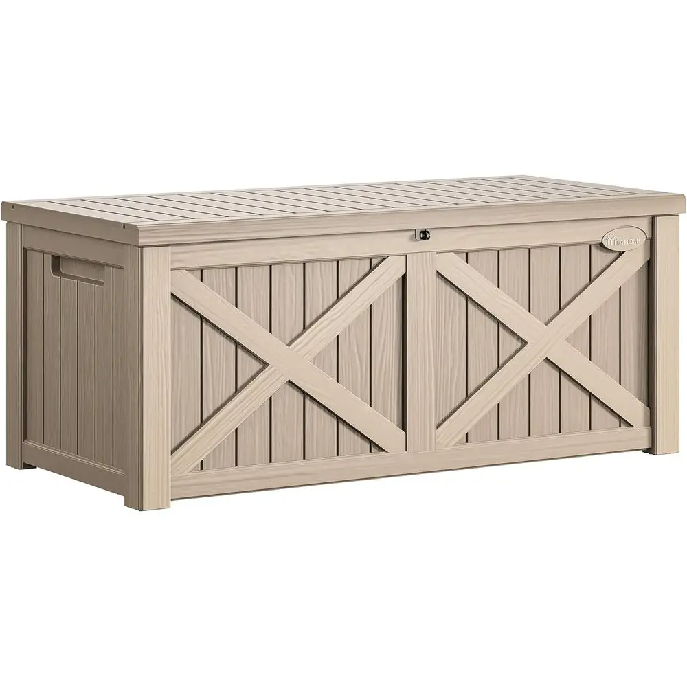 150 Gallon Large Deck Box with X-Shaped ront, Resin Outdoor Storage Boxes, Waterproo Cushion Storage Bench or Patio, Pool Suppli