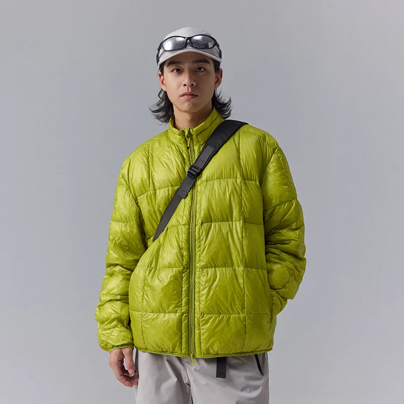 Alta qualidade impermeável 10d náilon ultra leve 90% branco para baixo jaqueta masculina e feminina gola portátil puffer jaqueta JK-076