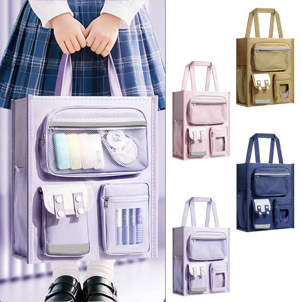 Simpe Canvas Tutorial Bag With Reflective Strip Seven Layers Handheld Books Bag Large Capacity Stationery Storage Bag Students