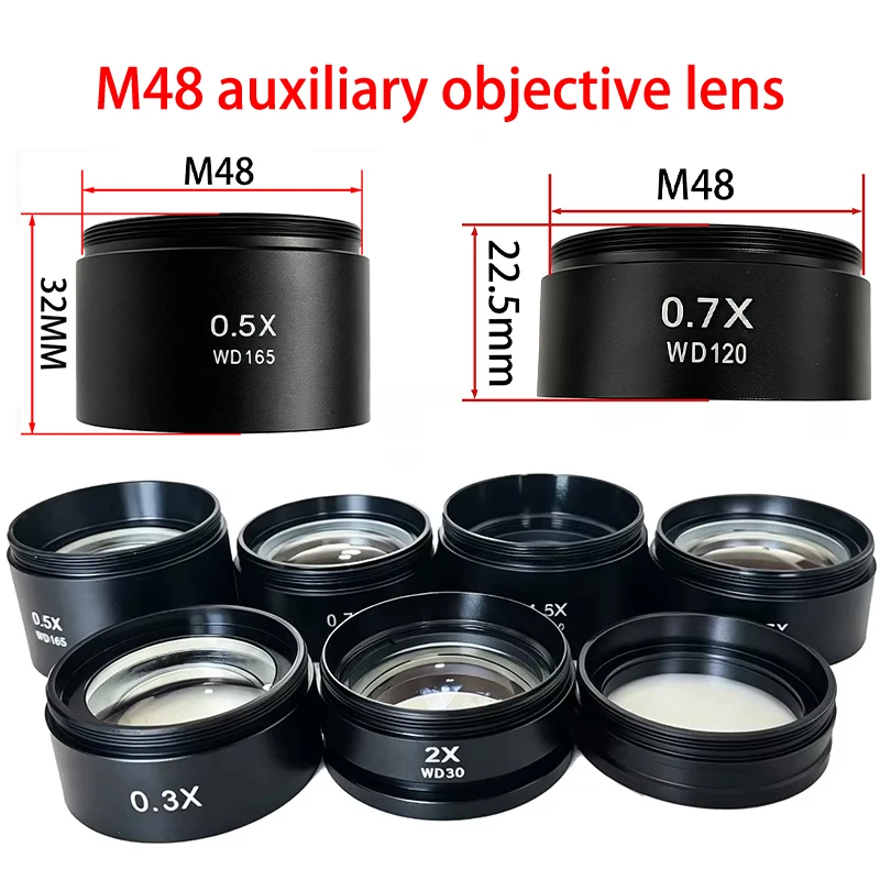 WD165 0.5X 0.7X 0.75X 1.5X 2.0X Auxiliary Objective Lens Thread 48mm Barlow Glass Lens For Stereo Trinocular Microscope