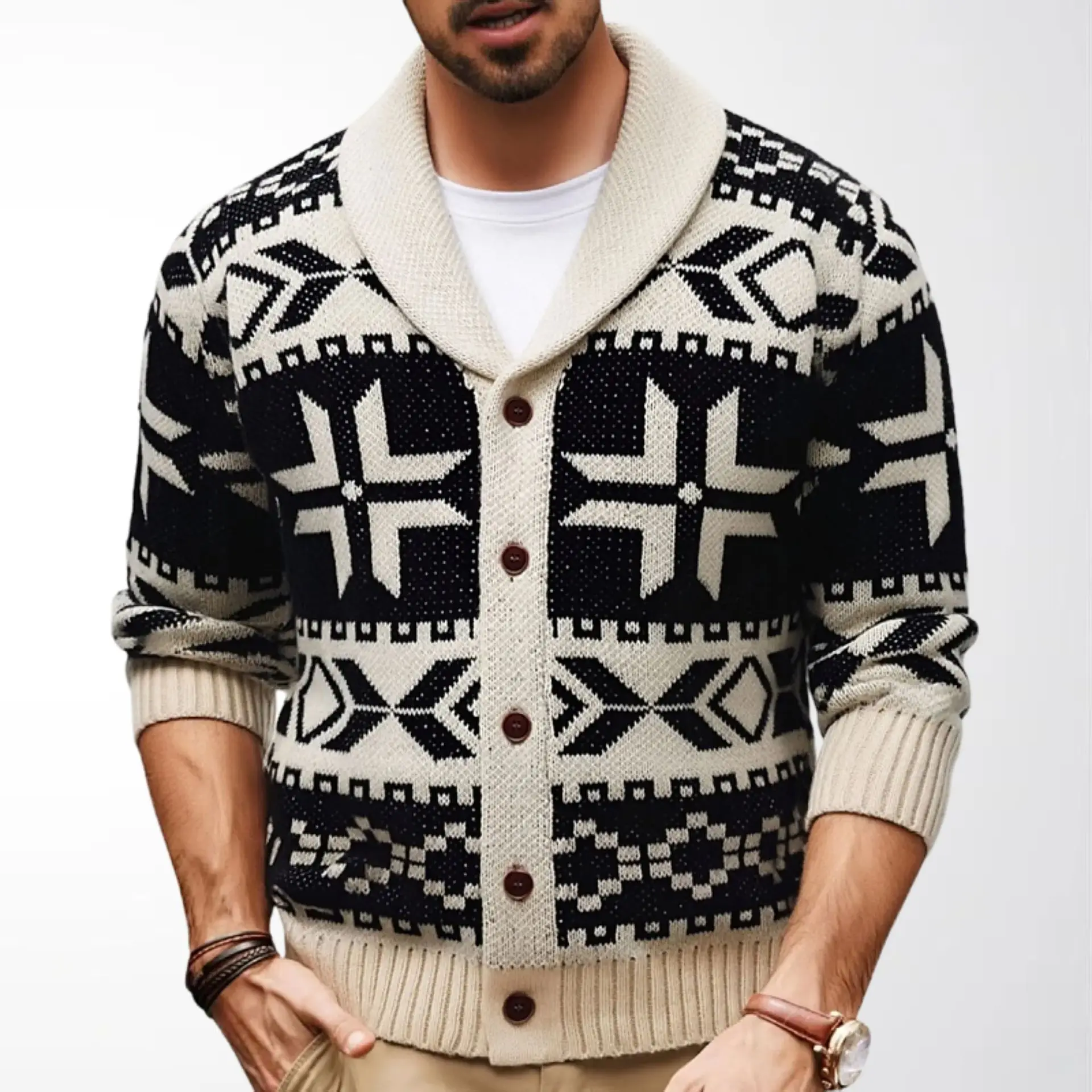 Men's Knitted Cardigan Lapel Geometric Pattern Retro Ethnic Sweater Autumn And Winter Jacket Men's Clothing