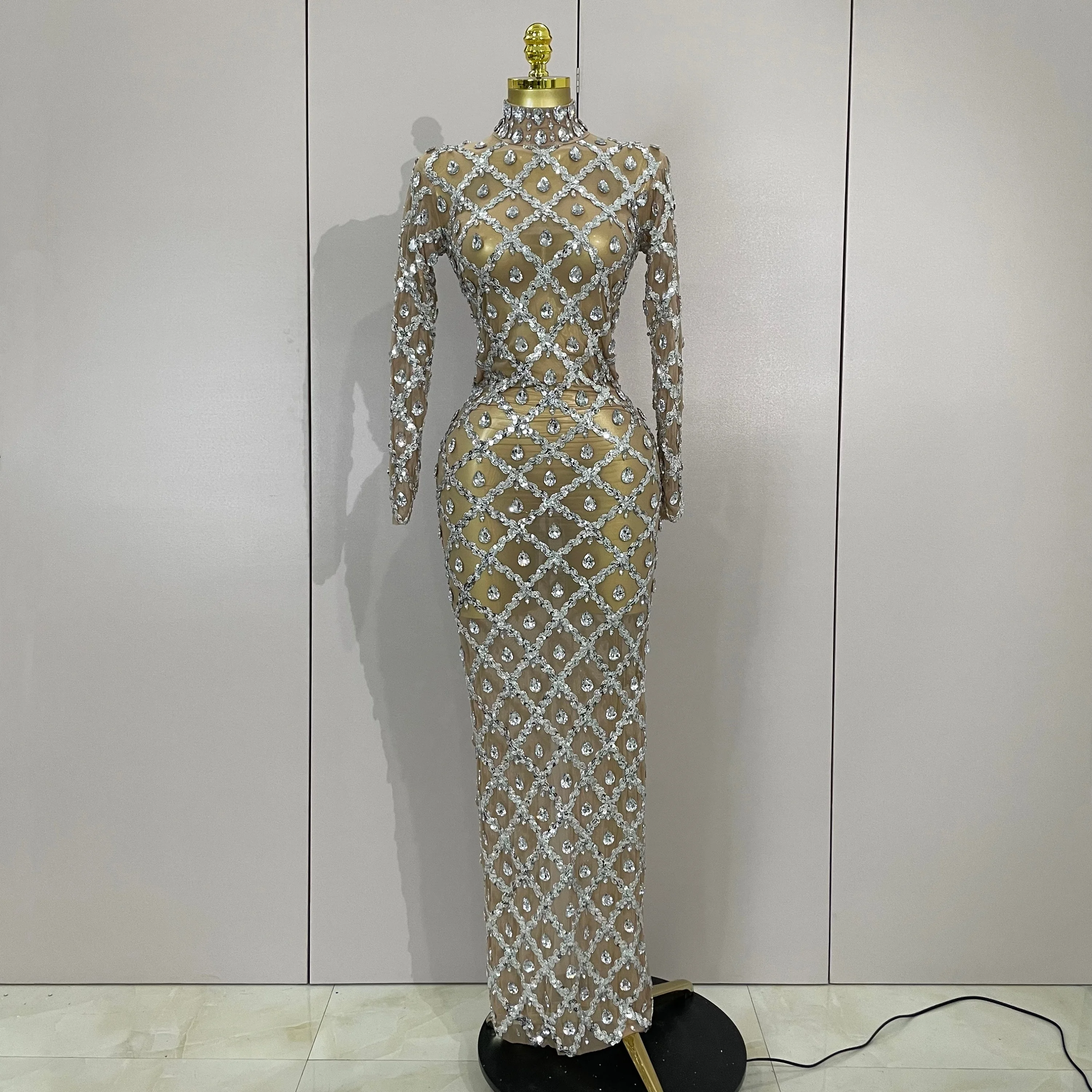 Women Sexy Shining Rhinestone Sequin Long Dress Luxury Birthday Dress Evening Prom Gown Transparent Singer Club Stage Host Dress