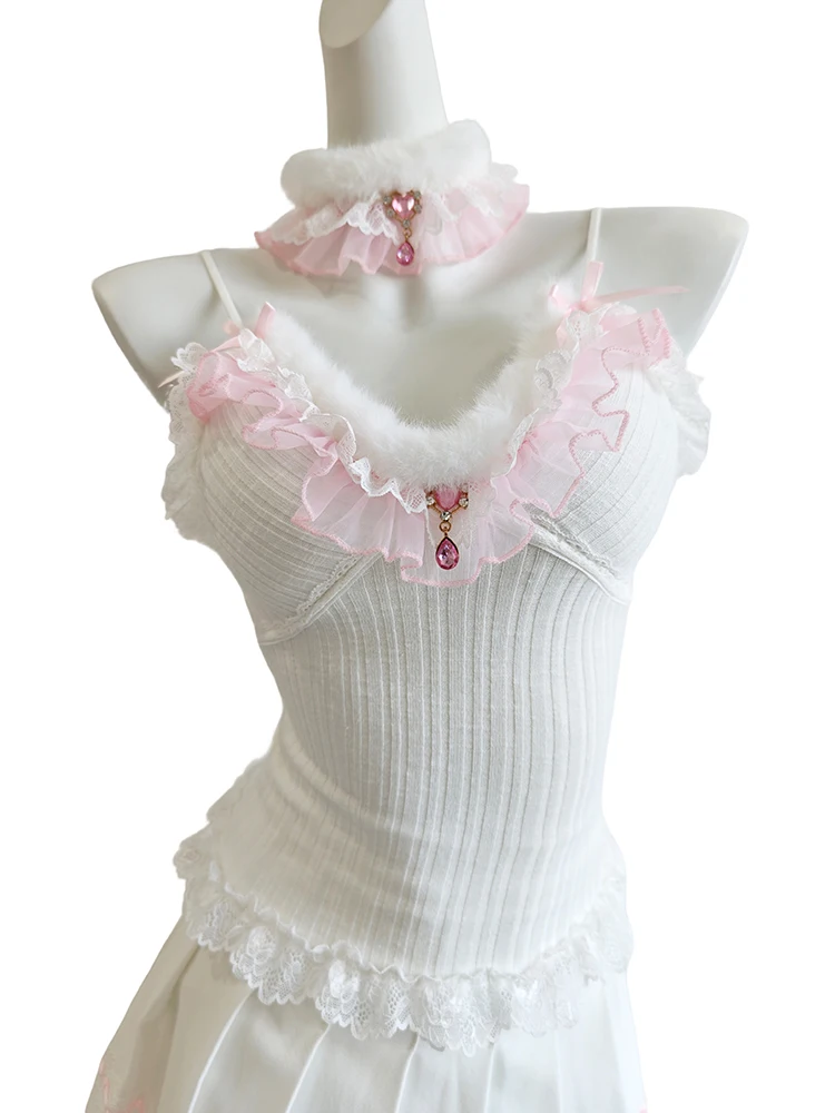 

Cute Crop Tops Women Autumn 2025 Lace Trim Love Pendant Decoration Slim Camis for Sweet Girls