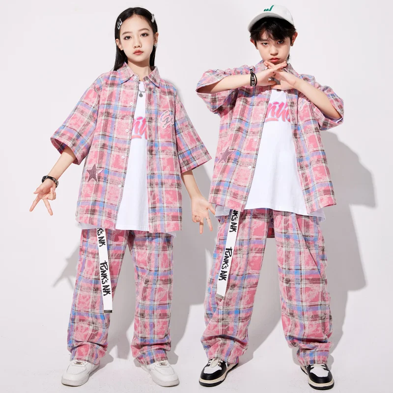 Jungen Hip Hop Grün Kariertes Hemd Street Dance Hosen Mädchen Süße K-pop Bluse Kinder Streetwear Kid Jazz Kostüm Kleidung set