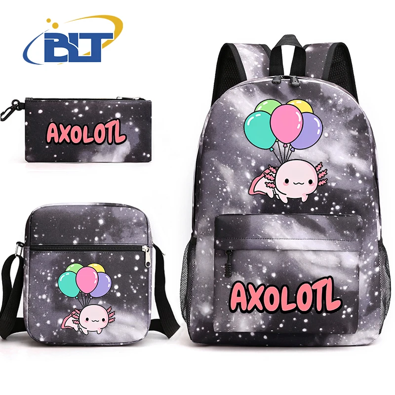 Axolotl set tas sekolah anak-anak motif kartun ransel remaja tas bahu kotak pensil 3 potong hadiah anak-anak