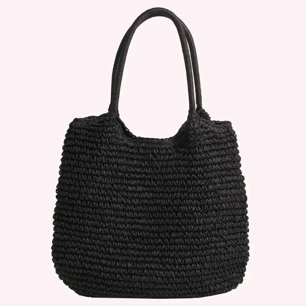 2024 Summer Daily Bag Women Vintage Shoulder Bag Hasp Closure Crochet Beach Handbag Solid Color Simple Weaving Handbag Ladies