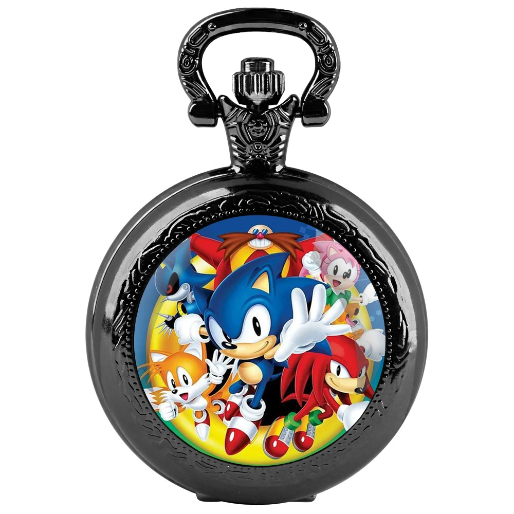 Orologio da tasca al quarzo nero con cupola in vetro di cartone animato con quadrante con numeri arabi e catena resistente, regalo retrò per uomini e donne