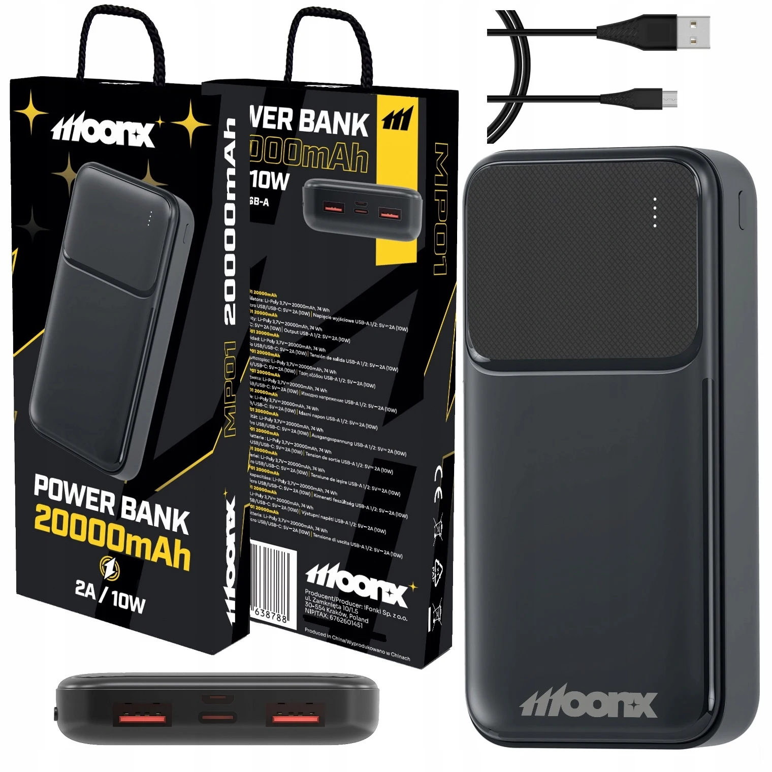 MOONX 20000mAh Power Bank Z Szybkim Ładowaniem 10W, 2x USB, Ładowarka Do Telefonu O Dużej Pojemności Z Kablem USB