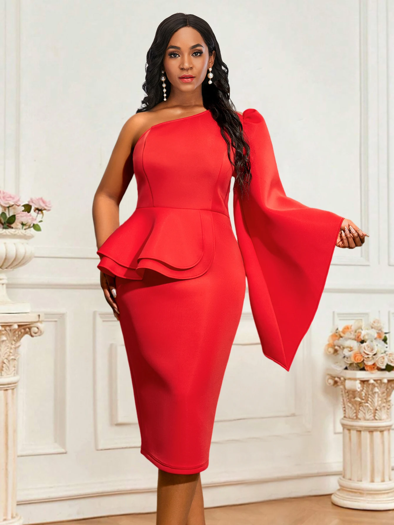 Elegancka damska czerwona suknia z peplum Bodycon Christmas Party Sexy One Shoulder Ruffle Hem Package Hip Gown Formal Wedding Birthday Event Robe