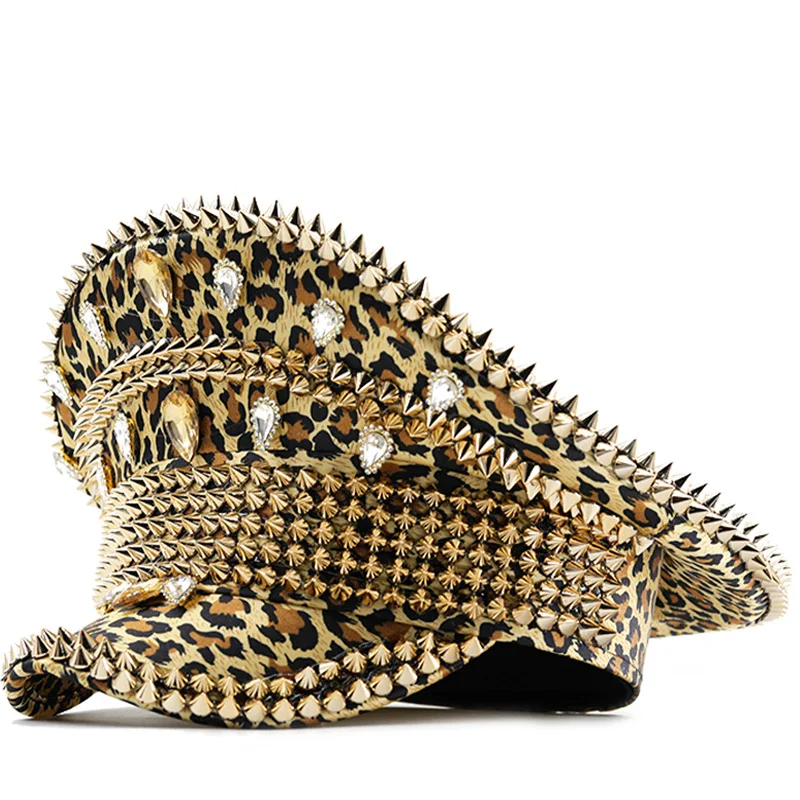 Hat European And American Large Round Hat Leopard Print Rivet Hat Masquerade Punk Hip Hop Stage Performance Hat