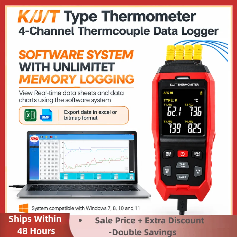 Handheld TA612C 4 Channel K/J Digital Thermocouple Thermometer, Wide Temp Range, Data Logger, Alarm Function, Probe Calibration