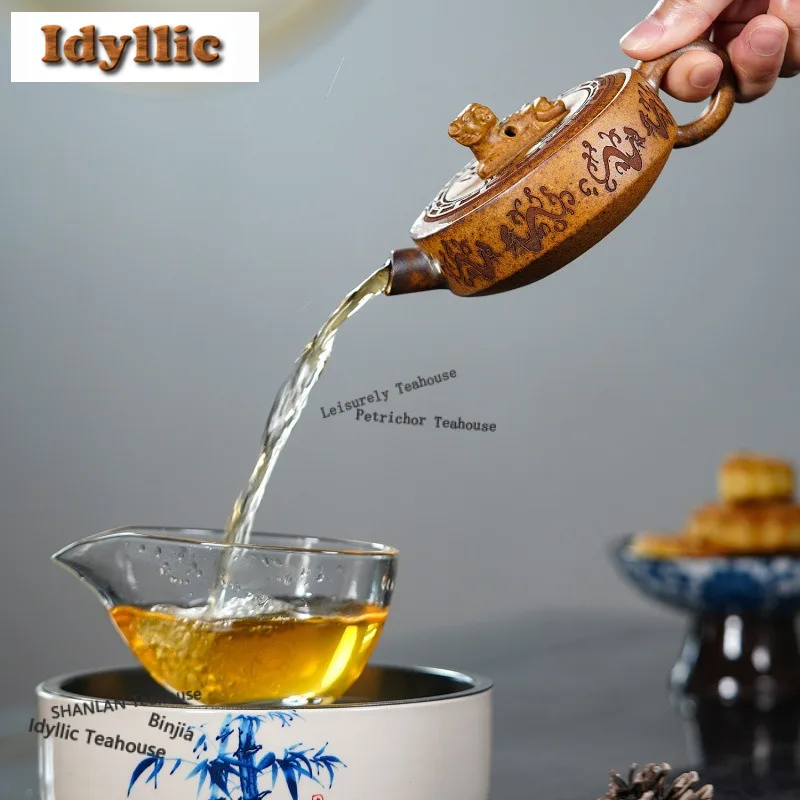 160ml Authentic Yixing Purple Clay Teapots Handmade Dragon Tiger Pot Raw Ore Wood-fired Porcelain Mud Kettle Zisha Tea Set Gifts
