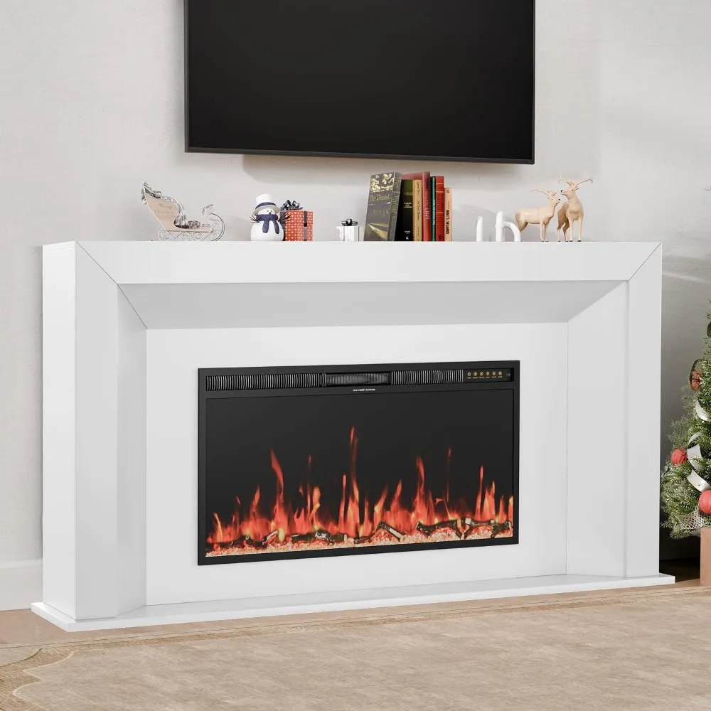 65 Inch Fireplace with Mantel, TV Stand, 12 Flame Colors, Remote and Touch Screen Controls, White
