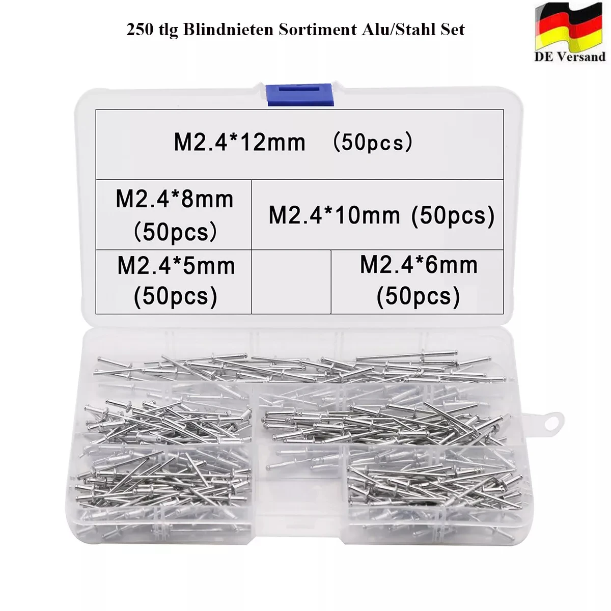 

250pcs Blind Rivets Aluminum M2.4 Dome Head Blind Pop Rivets Assorted Set Rivet Kit Nail Pull For Furniture Assortment Kit