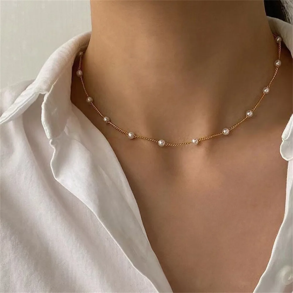 Simple Pearl Choker Necklace for Women Gold Color Silver Color Beads Strand Chain Pendant Necklaces Fashion Party Female Jewelry