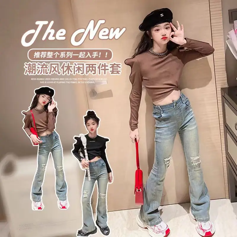 2023 Spring and Autumn New Children's Wave Sleeve T-shirt Top+High Waist Flare Jeans 2-Piece Children's Wear