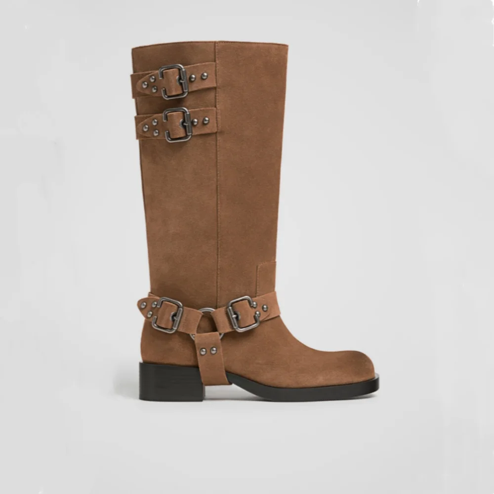 

Brown Suede Rivets Boots Strappy Round Toe Square Heel Pull On Heels Slip On Botas Women Luxury Designer Modern Shoes 2026 New