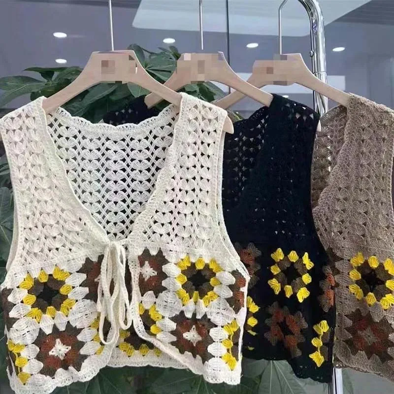 Boring Honey Hollow Out Strickweste Damen Vintage Oma Quadrat Häkel-Unterhemd Top Slim Fit ärmelloses Layering-Shirt