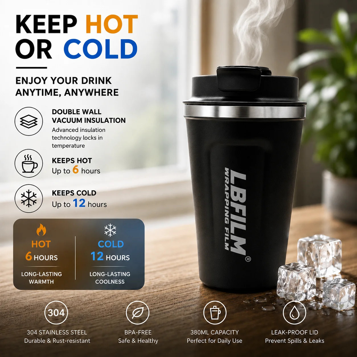 380ML Stainless Steel Vacuum Insulated Travel Mug Double Wall Thermal Coffee Cup Leakproof Lid Hot Cold Tumbler for Car Office