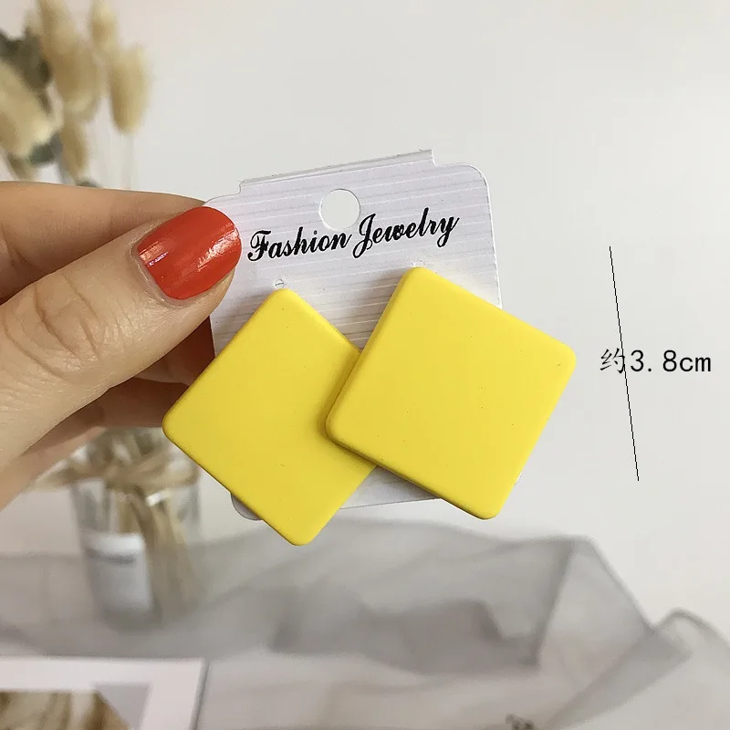 S925 Silver Color Square Earrings Frosted Paint Geometric Exaggeration Candy Color INS Korea Solid Color Acrylic Ring