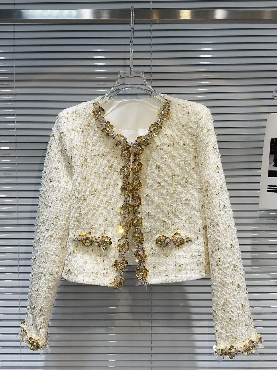 HIGH STREET Newest 2024 Fashion Stylish Designer Women\'s Golden Sequined Flower Beading Edge Coarse Woolen Short Jacket Top