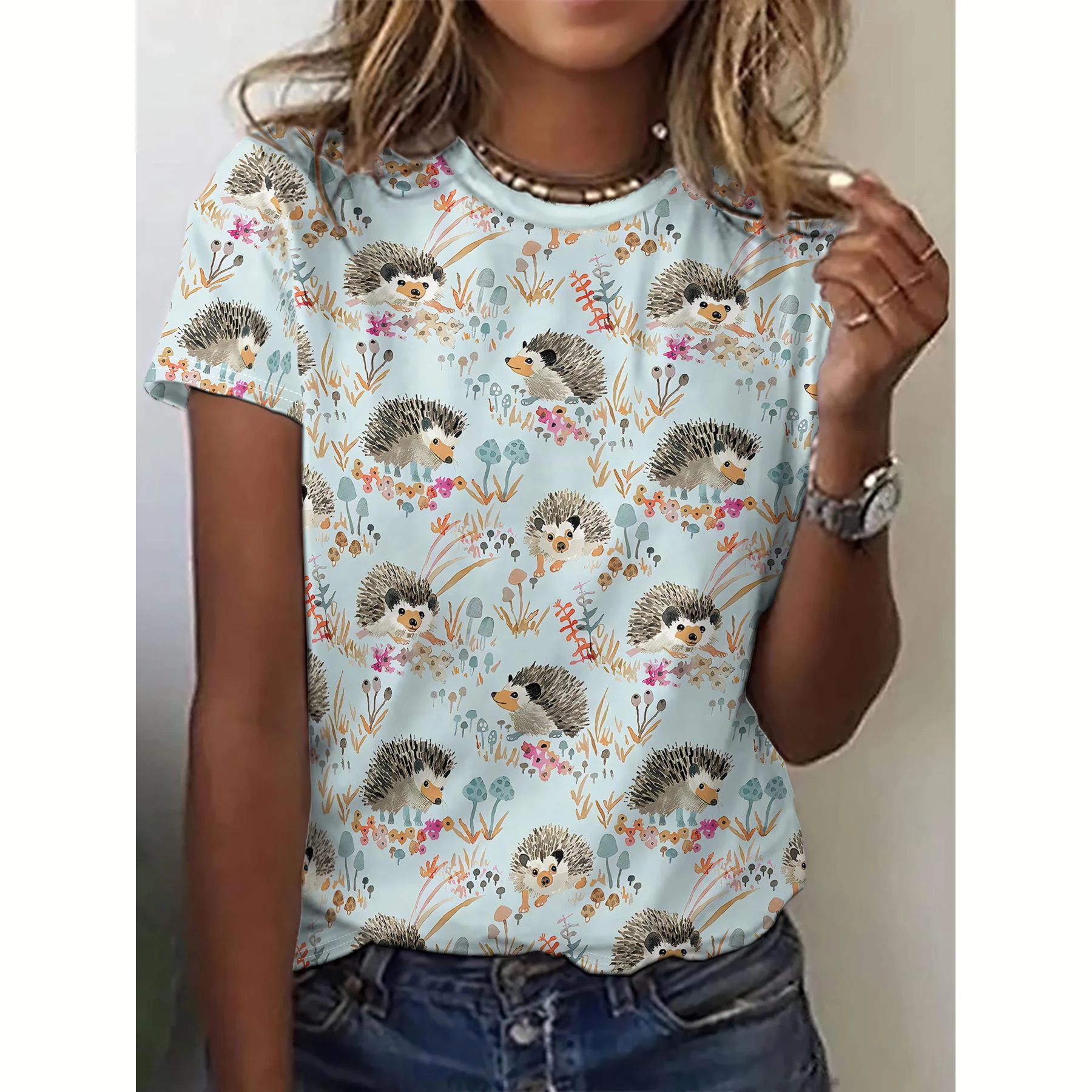 Summer Women\'s T Shirt Animal Hedgehog Print Casual O-Neck Short Sleeve Pullover Daily Outdoor Female T-Shirt Overszied Clothing