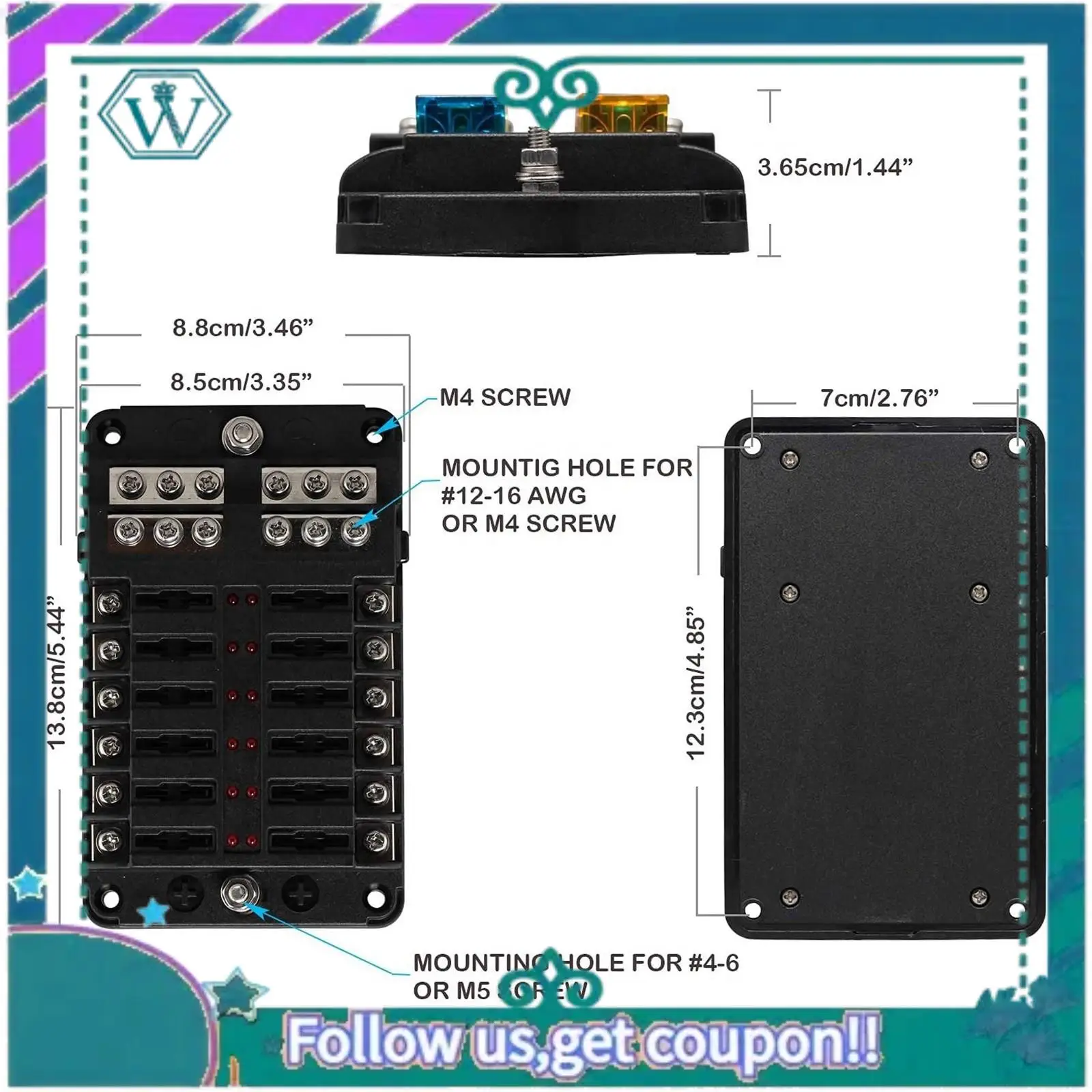 

AA92-12V 12 Way Marine Fuse Block Fuse Panel With Ground & 12 Volt Fuse Box For Car Automotive Boat RV RZR