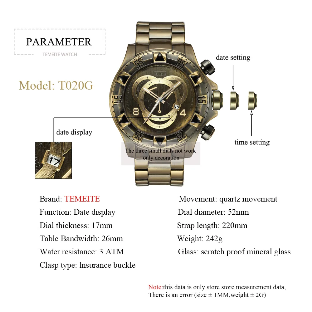 Temeite Retro Watch For Men Top Brand Luxury Original Stainless Steel Bronze Big Dial Male Wristwatches Relogio Masculino 2022