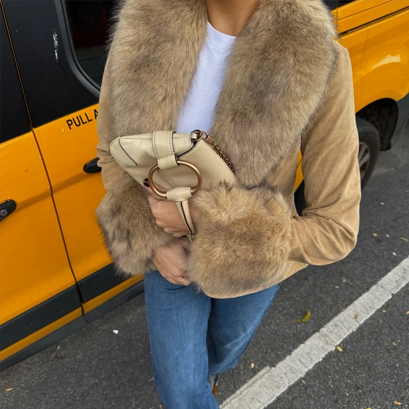 MUJER Faux Fur Suede Blazers for Women Faux Leather Women's Tailoring Blazers Winter Luxury Woman Blazer Fitted Coats and Jacket