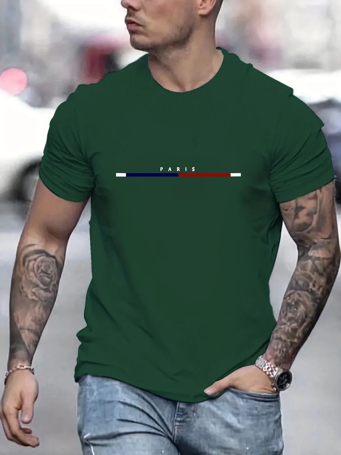 

Men's 100% Cotton Paris Short Sleeve T-shirt Top Loose Tshirt 69857 Hot Sale Crewneck Round Neck Short Sleeve New Arrival