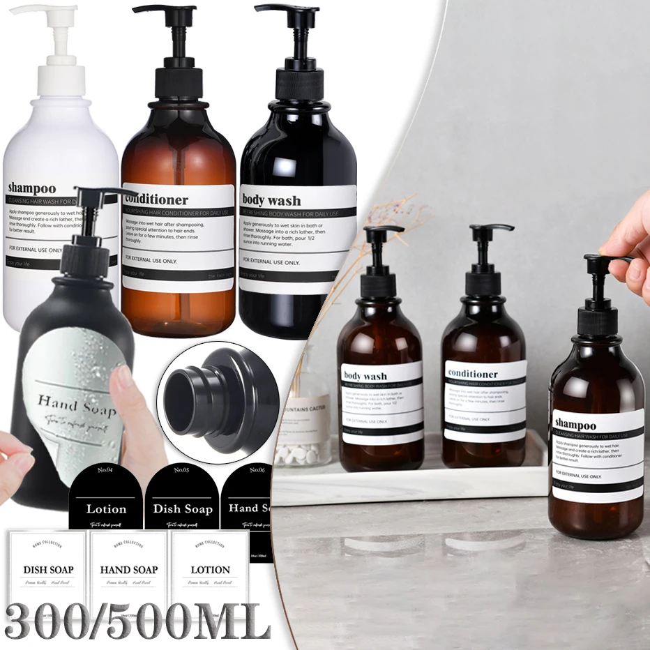 Zeepdispenser beige 500 ml met bamboe details - set met 3 flessen voor gel, shampoo en conditioner