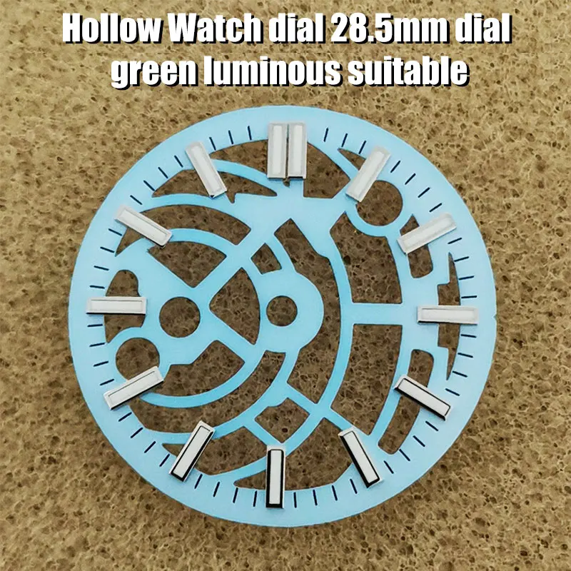 

Полый циферблат часов 28,5 мм, черный, синий, зеленый, белый, зеленый, светящийся, подходит для часов NH70, мужские аксессуары, детали, инструменты