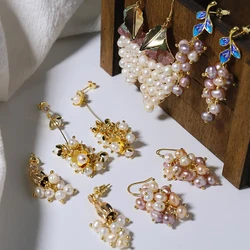 GLSEEVO Natural Fresh water Pearl Yellow Lily Flower Plant Tassel Drop Earrings For Women Shining Dangle Earrings Luxury Jewelry