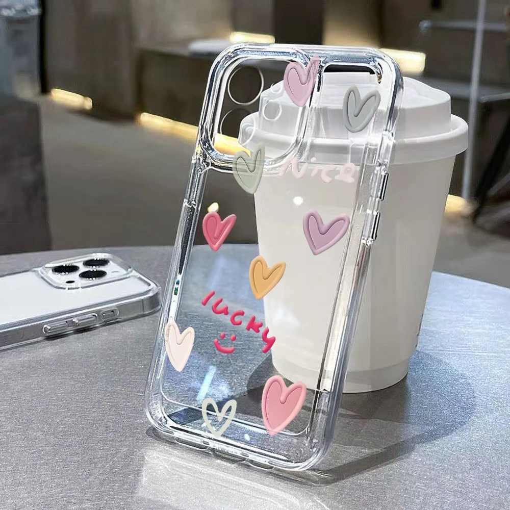 Love Heart Graphic Soft Silicone Phone Case For iPhone 16 14 13 12 11 15 17 Pro Max X XR XS 7 8 Plus SE Transparent Bumper Cover