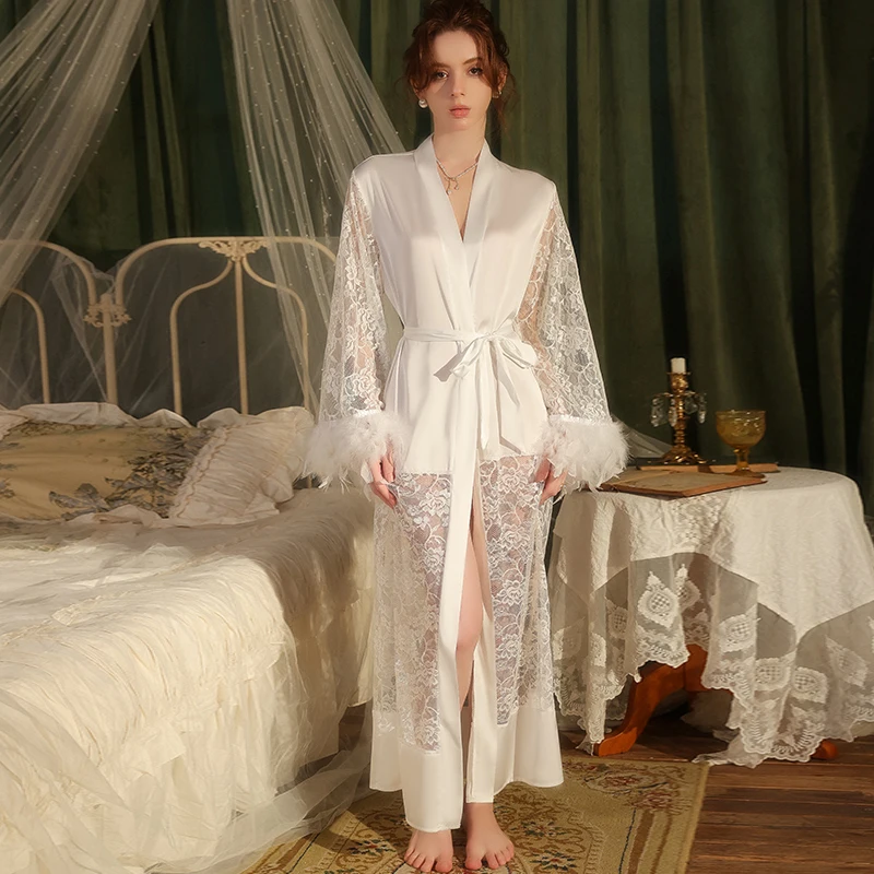 Luxury Feather Trim Robe Vestidos De Novia Wedding Dress Satin Kimono Home Dressing Gown Lace Patchwork Lingerie Women Sleepwear