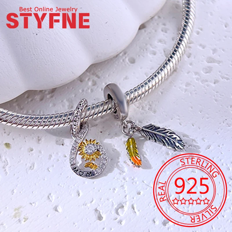 

925 Sterling Silver Sunflower Feather Charm Beads Fit Bracelet Necklace Accessories Beads Jewelry Making Fine Jewelry Gifts