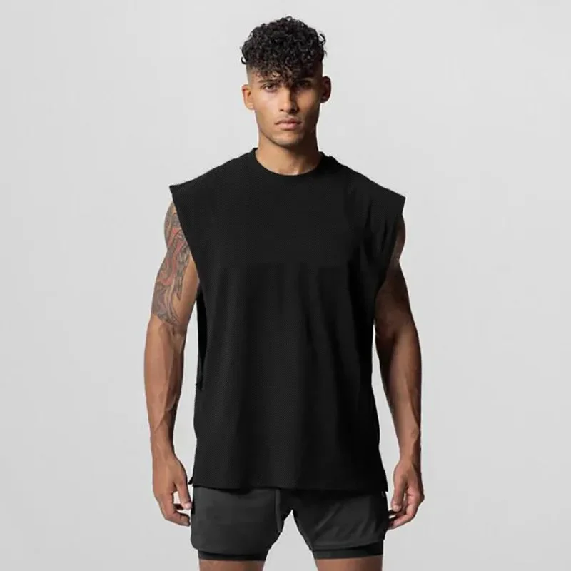 

Men Workout Fitness Bodybuilding Solid Color Men's Summer Gym Sports Open Side Cut Off Mesh Sleeveless T-shirt