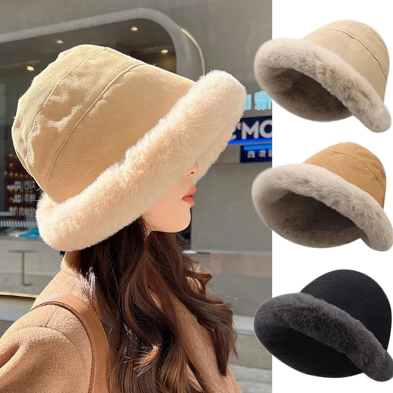 

Fashion Winter Thicken Fluffy Fur Bucket Hats for Women Soft Warm Plush Fisherman Hat Panama Cap Casual Outdoor Lamb Fleece Caps