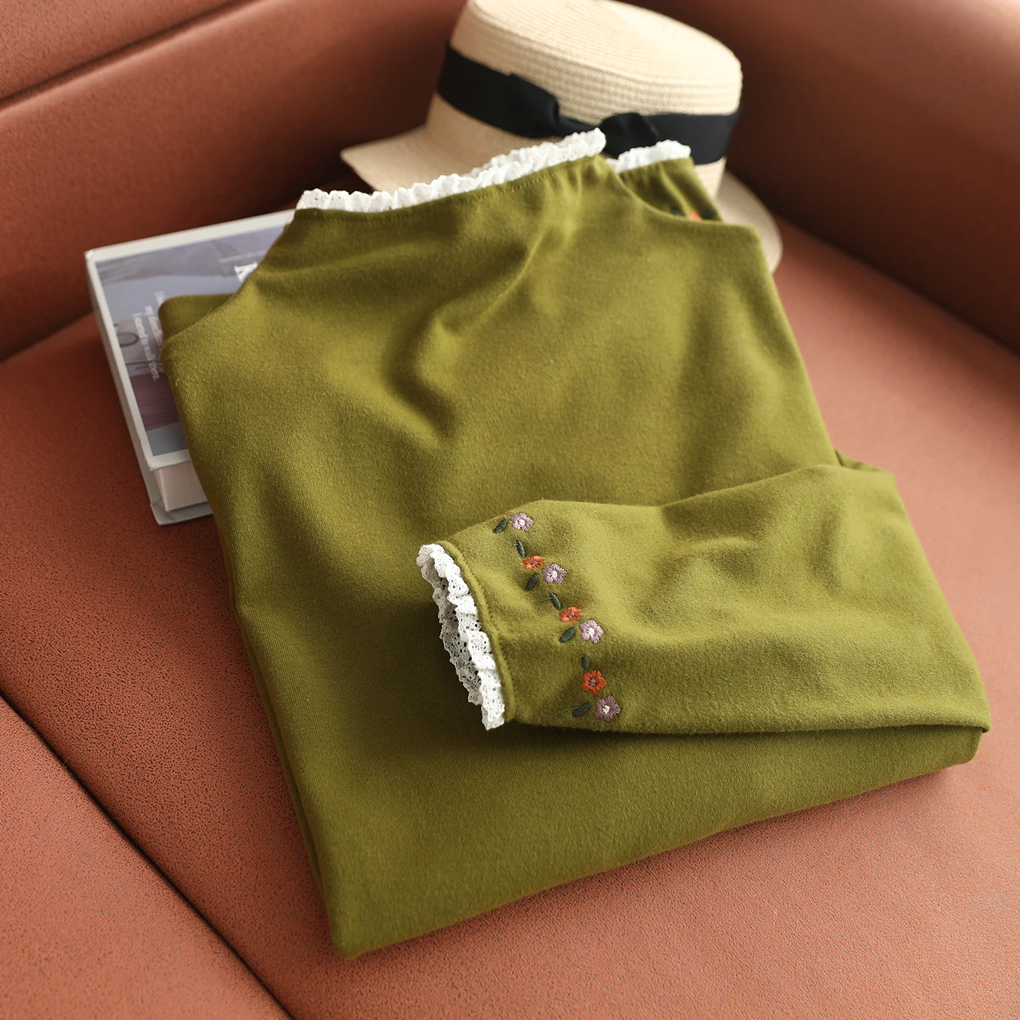 Japanese Sweet Mori Girl Solid Color Embroidery Brushed Cotton T-Shirts Women Spring Autumn Stand Collar Long Sleeve Casual Tops
