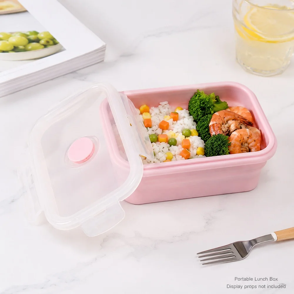 550ml Pink Collapsible Silicone Lunch Box, Portable Food Storage Container with Air Vent Lid for Fridge Travel Meal Prep Use view 3
