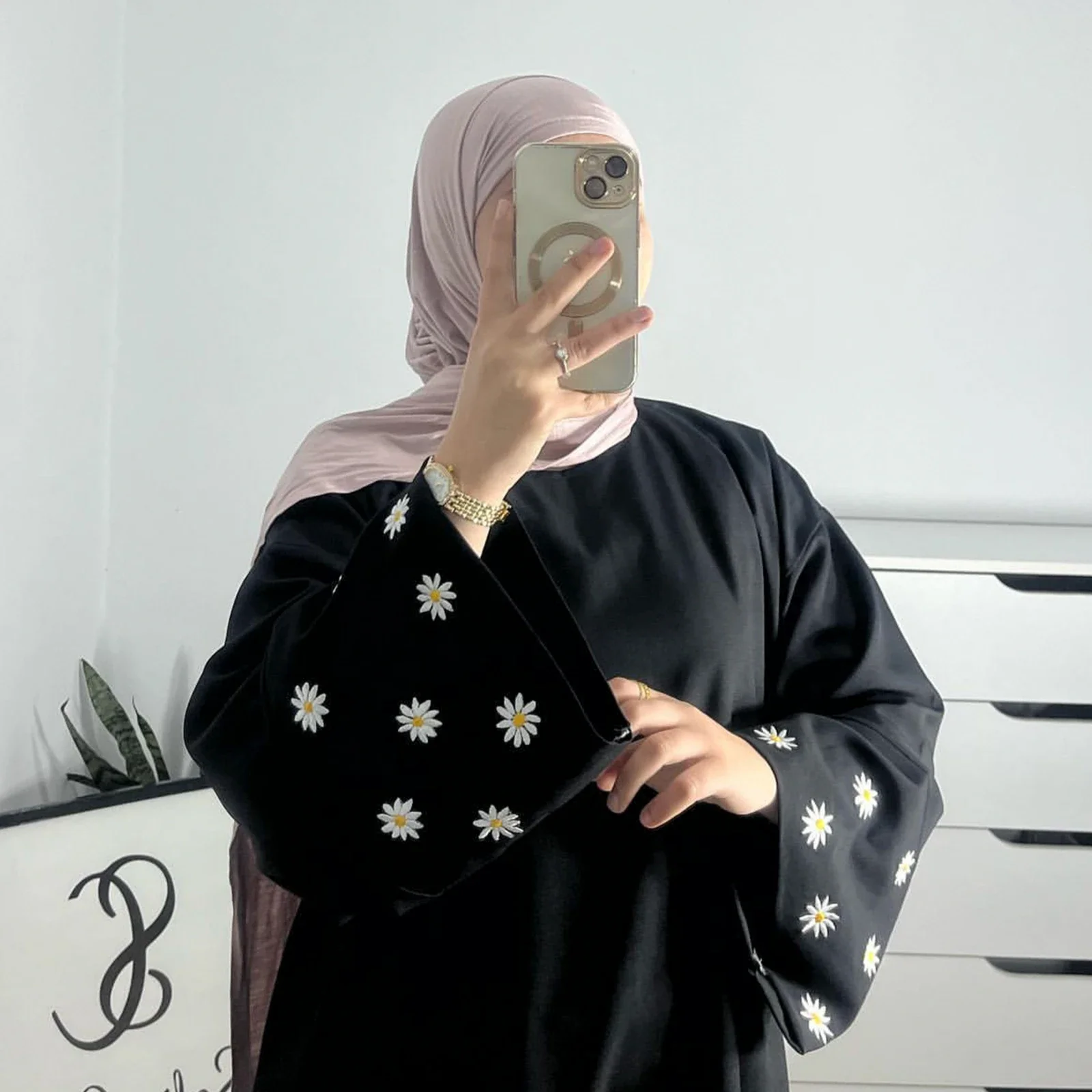 UNI 2024 Daisy Embroidery Muslim Modest Women Dress Eid Saudi Arabia Dubai Abaya Luxury Islam Turkey Holiday Party Jalabiya Robe