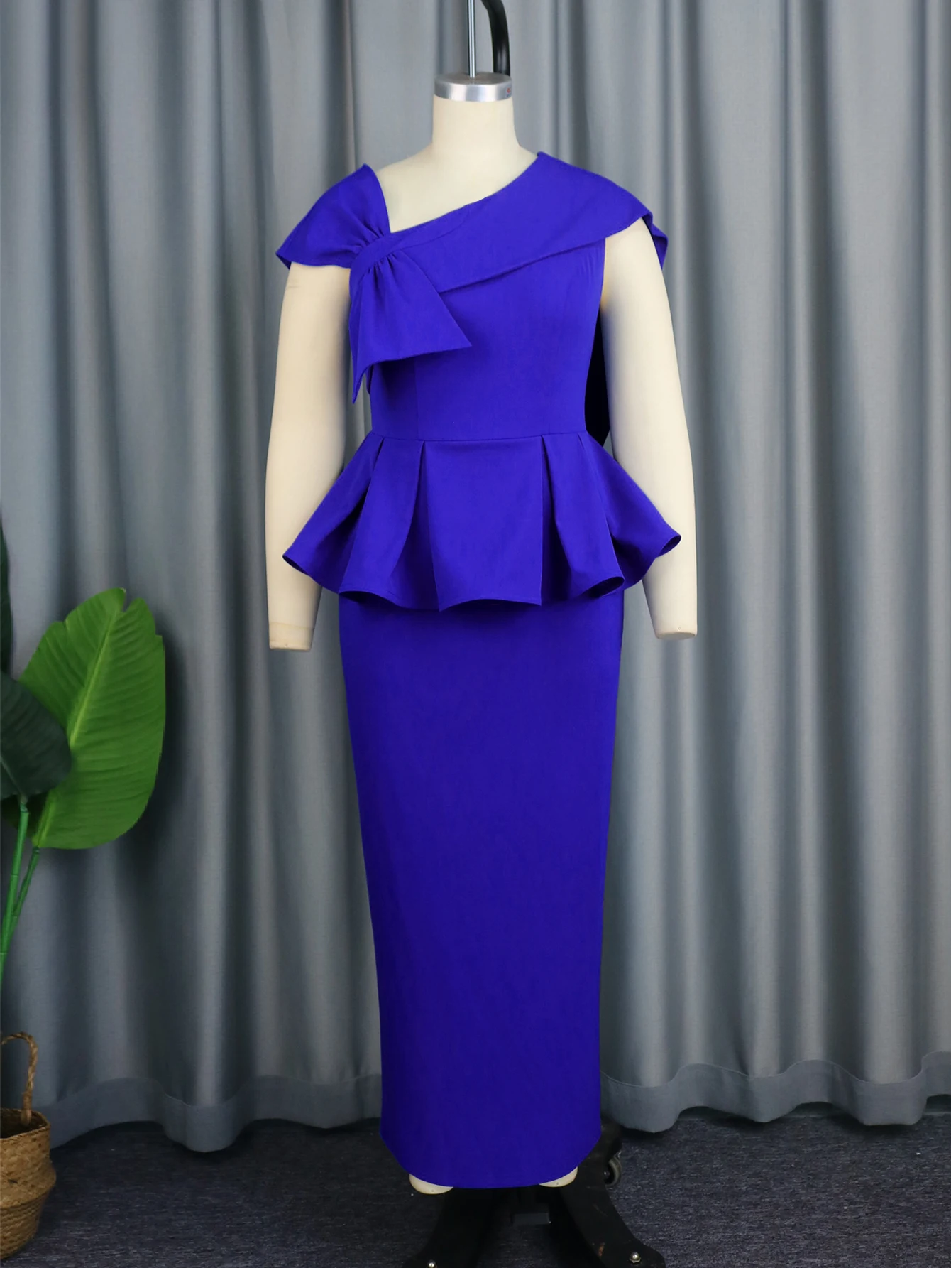 Elegant Blue Long Dresses Women Asymmetrical Neck Bow Tie Peplum Waist Ruffle Bodycon Dress Wedding Guest Large Size Party Gowns