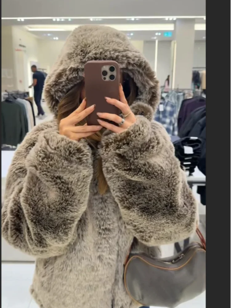 

Винтажное пальто с капюшоном из искусственного меха, женское свободное утепленное пальто на молнии с длинными рукавами, женская верхняя одежда, осень-зима 202, шикарные женские пальто с карманами